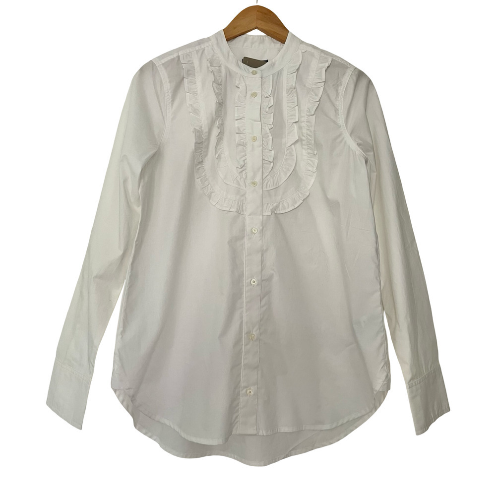 J Crew Band Collar Ruffle Button Up Shirt Size M White Preppy Office Career NWT